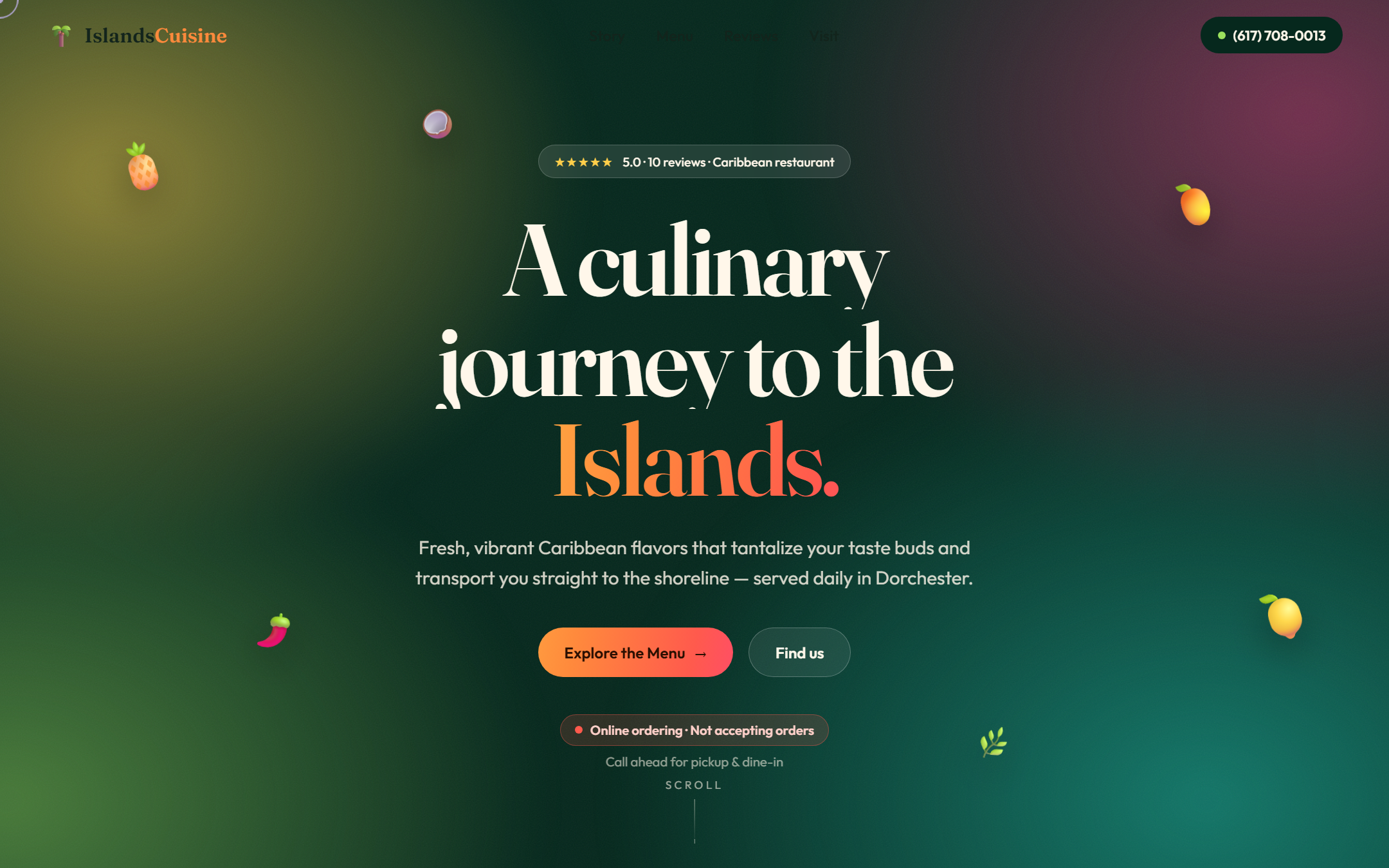 Islands Cuisine website — vibrant Caribbean hero with tropical gradient